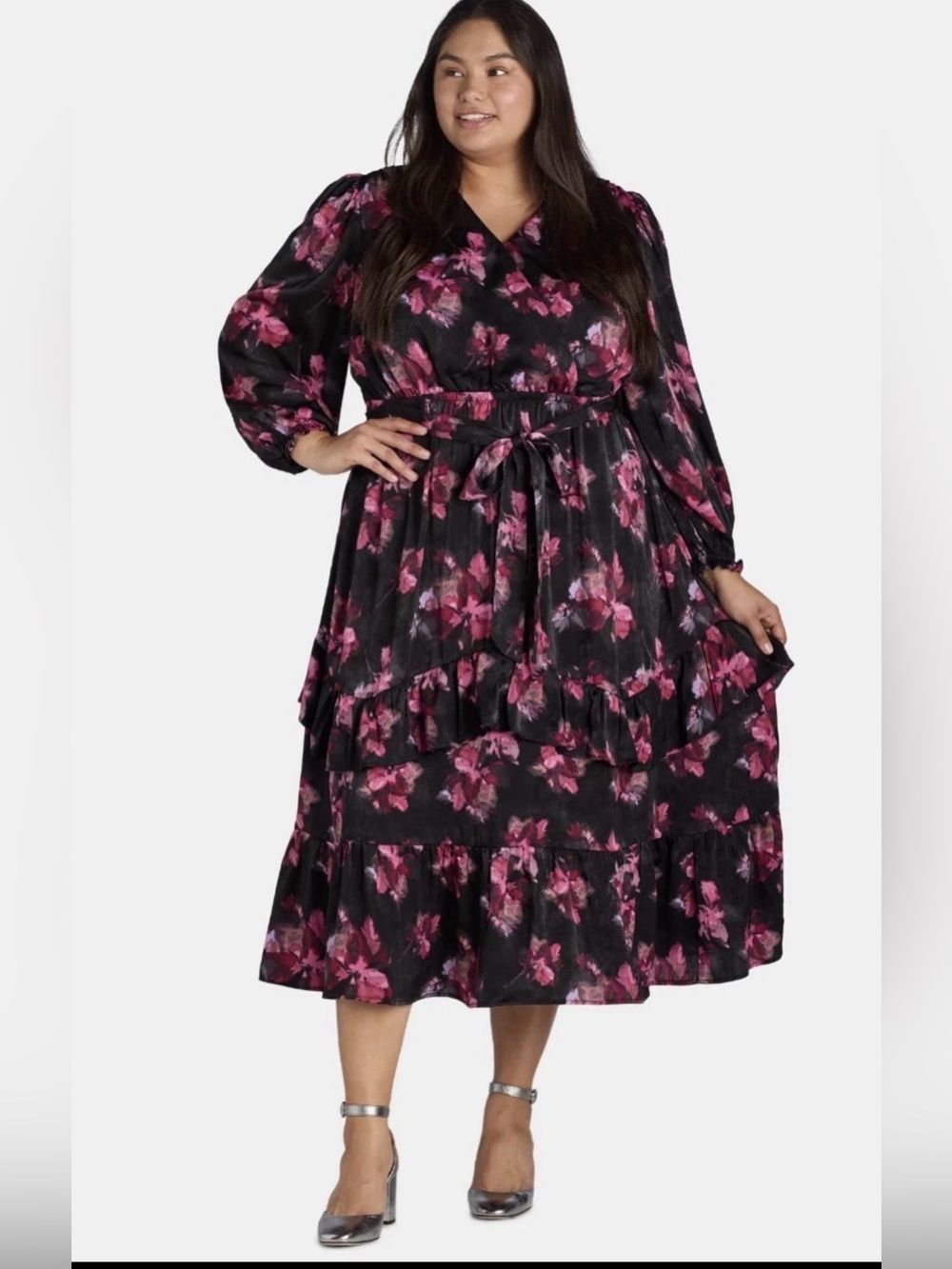 Terra & Sky Women's Plus Size Surplice Maxi Dress with Long Sleeves